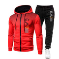 Red hoodie with black and white design on a white background