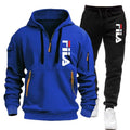 Blue hoodie and black pants with Fila logo on a white background