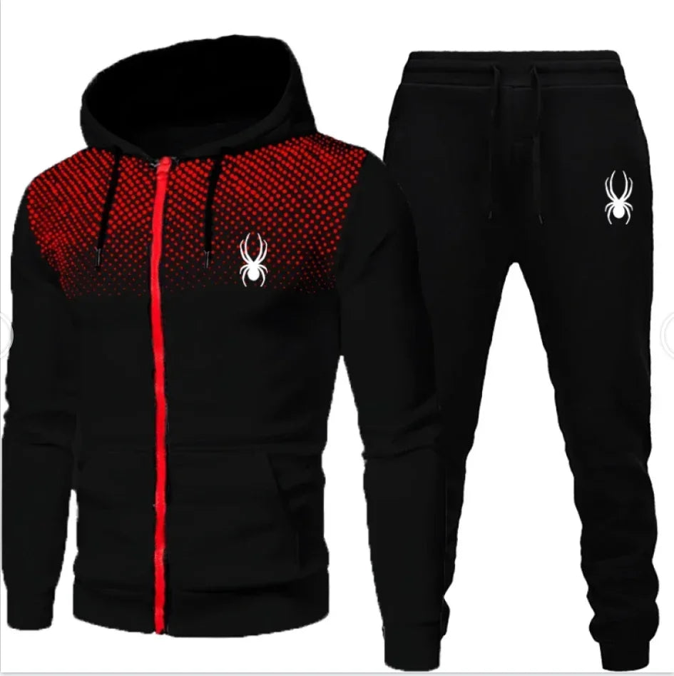 Gray hoodie and black pants with a spider logo on a white background