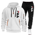 White hoodie and black pants with Fila logo on a white background