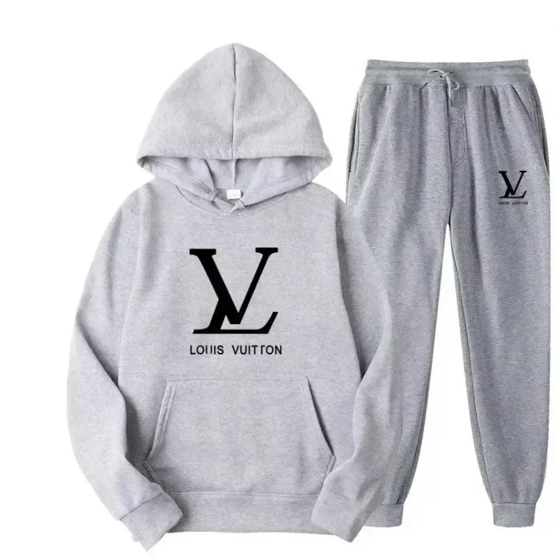 Gray hoodie and pants set with Louis Vuitton logo on a white background