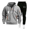 Gray hoodie and black pants set with Polo logo on a white background