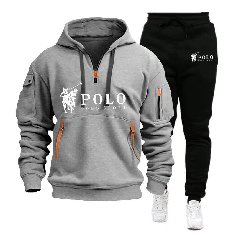 Gray hoodie and black pants set with Polo logo on a white background