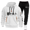 White hoodie with black logo and black pants with white logo on a white background