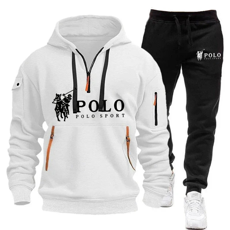 White hoodie with black logo and black pants with white logo on a white background