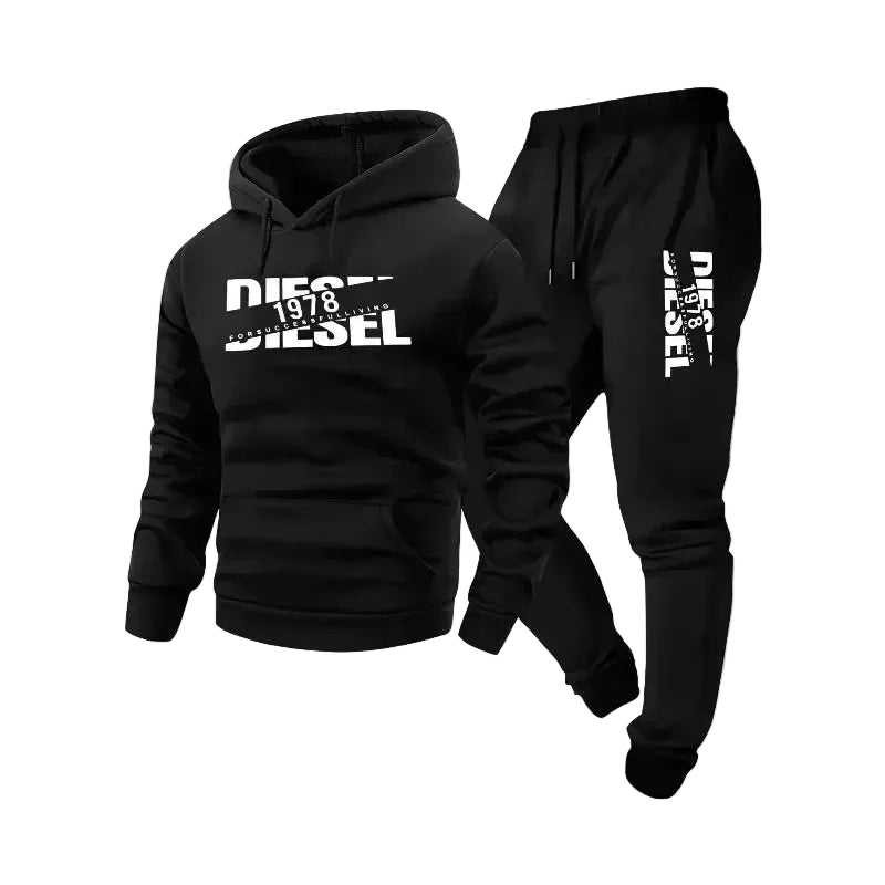 Gray hoodie and jogger set with 'DIESEL 1978' branding on a white background