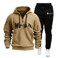 Beige hoodie and black pants with Polo Sport branding on a white background