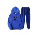 Blue hoodie and pants set with Louis Vuitton logo on a white background