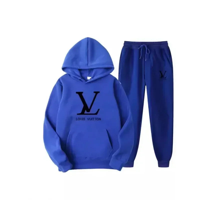 Blue hoodie and pants set with Louis Vuitton logo on a white background