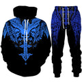 Black hoodie and pants set with blue wolf design on a white background