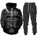 Black and gray hoodie and pants set with intricate designs on a white background