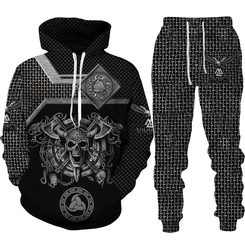 Black and gray hoodie and pants set with intricate designs on a white background