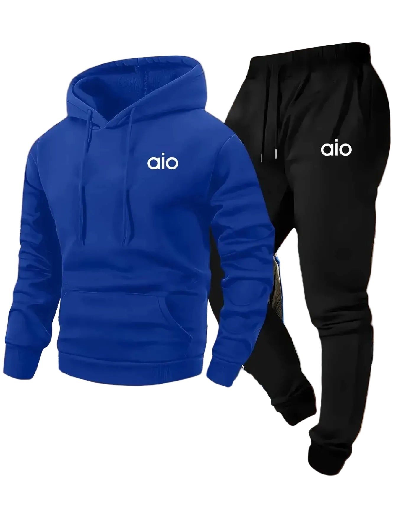 Blue hoodie and black tracksuit with 'aio' logo on a white background