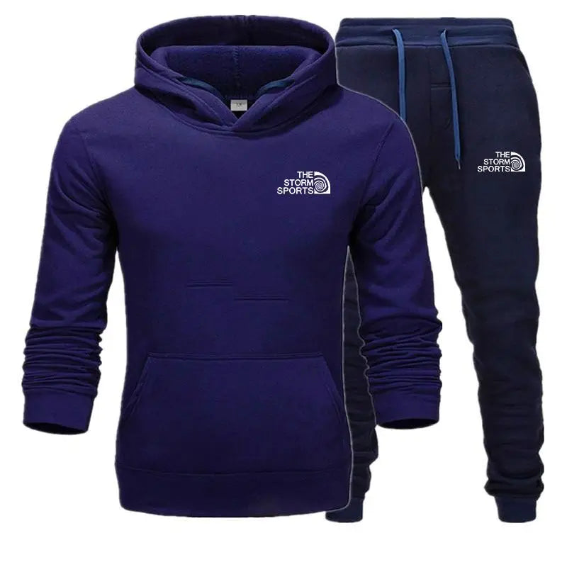 Blue hoodie and pants set with 'The Storm Sports' logo on a white background