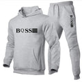 Gray hoodie and jogger set with 'BOSS' logo on a white background