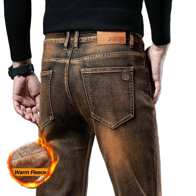 Brown jeans with warm fleece lining feature on a white background