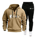 Beige hoodie and black pants with Polo logo on a white background