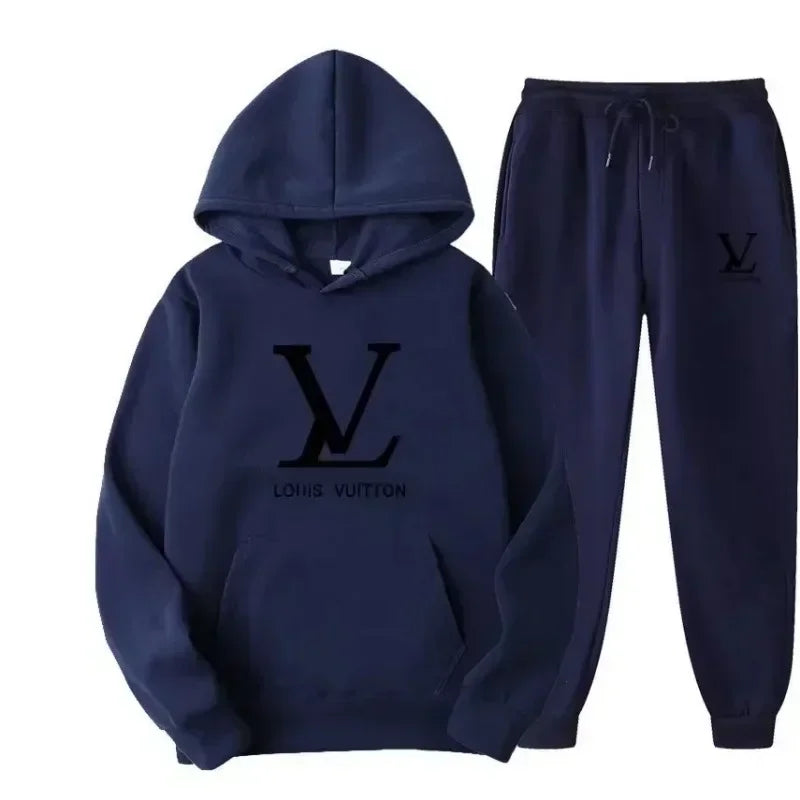 Navy blue hoodie and jogger pants set with Louis Vuitton logo on a white background