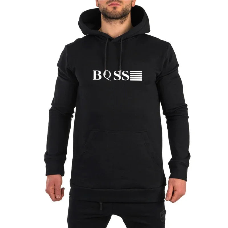 Black hoodie with 'BOSS' logo on a white background