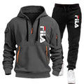 Gray hoodie and black pants with Fila logo on a white background