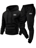 Black hoodie and pants set with 'aio' logo on a white background