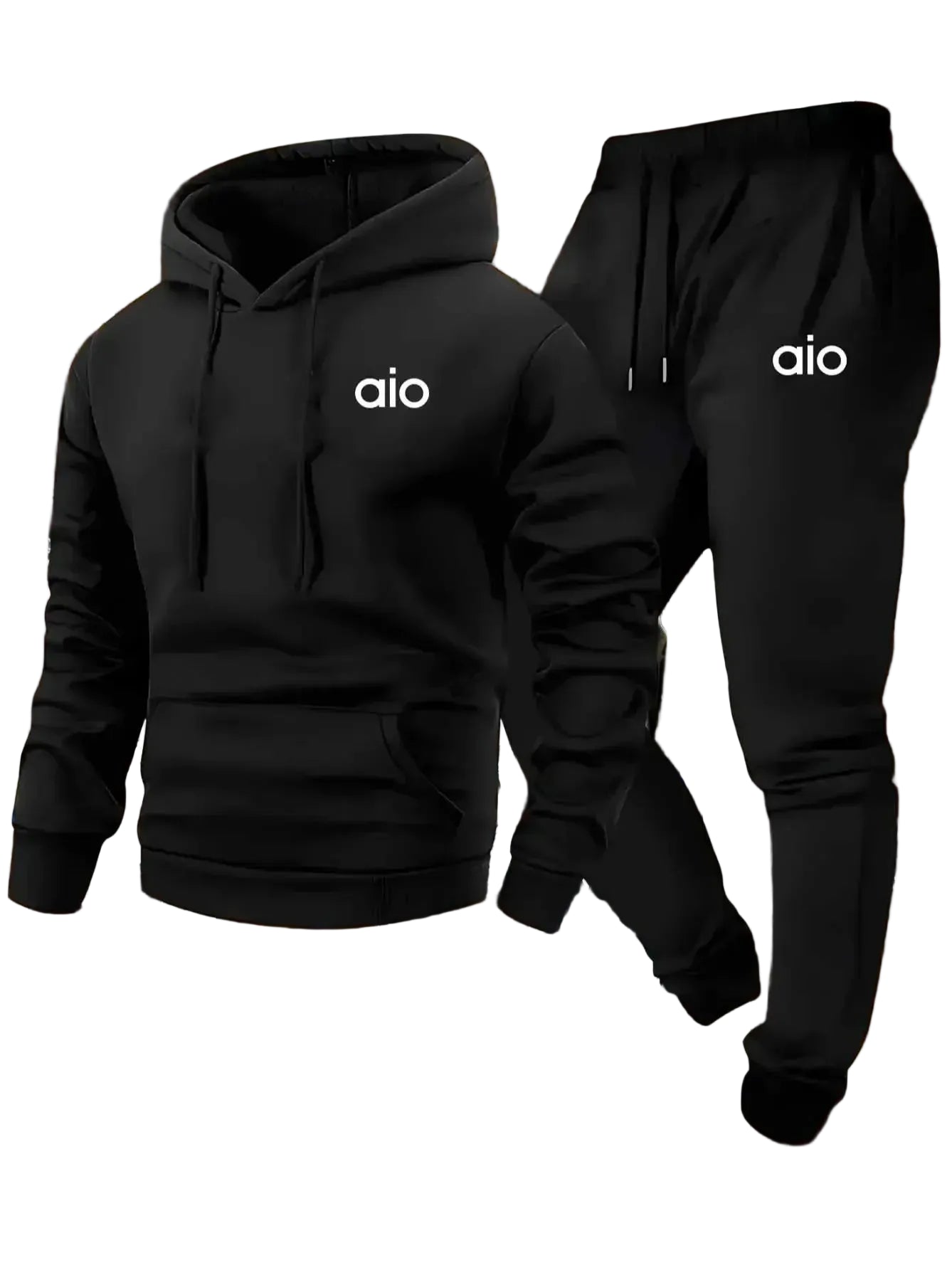 Black hoodie and pants set with 'aio' logo on a white background