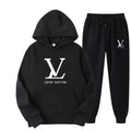 Black hoodie and pants set with Louis Vuitton logo on a white background