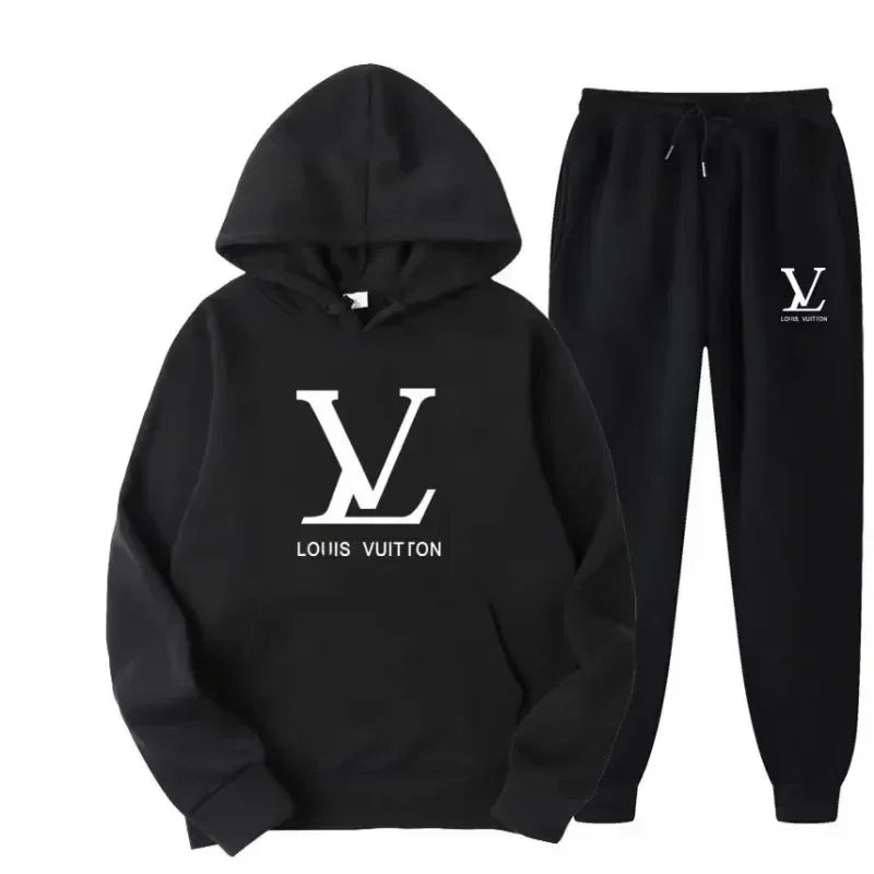 Black hoodie and pants set with Louis Vuitton logo on a white background