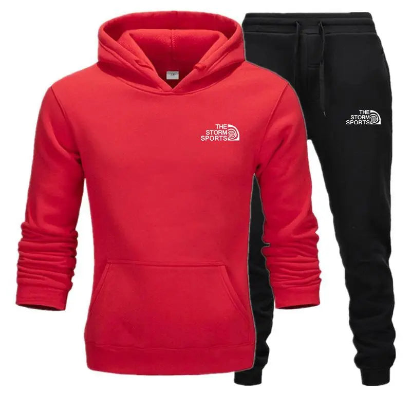 Red hoodie and black pants with 'The Storm Sports' logo on a white background