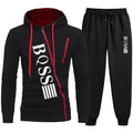 Black hoodie and pants set with 'BOSS' branding on a white background