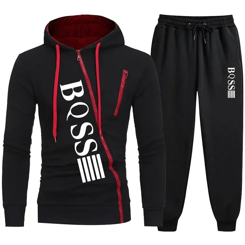 Black hoodie and pants set with 'BOSS' branding on a white background