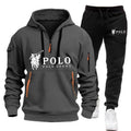 Gray hoodie and black pants set with Polo Sport logo on a white background
