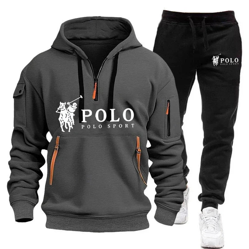 Gray hoodie and black pants set with Polo Sport logo on a white background