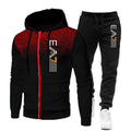 Black and red tracksuit with logo on a white background