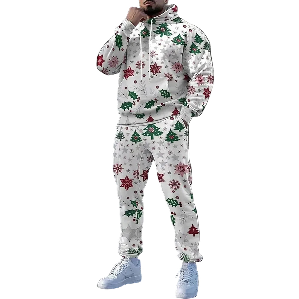 Red Christmas-themed hoodie and pants set with Santa Claus and presents on a white background