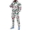Person wearing a festive Christmas-themed tracksuit with red and green patterns against a modern indoor background.