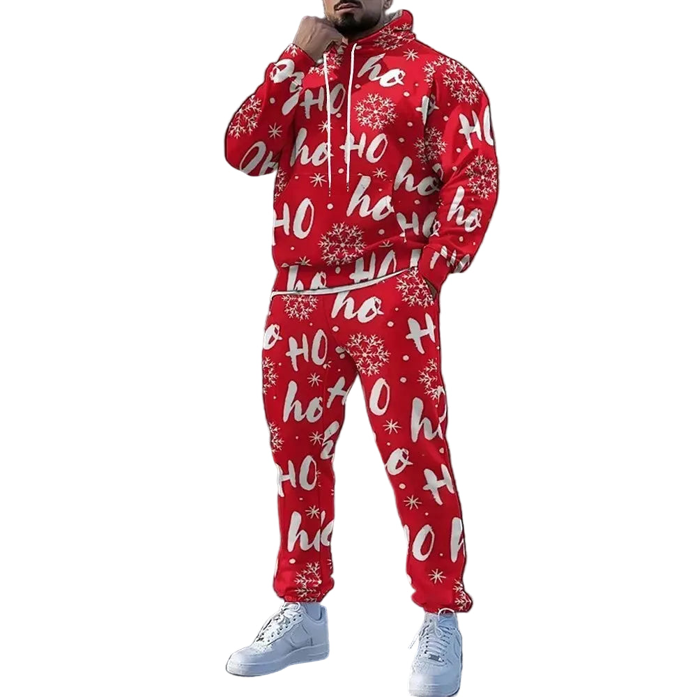 Person wearing a red Christmas-themed tracksuit with 'ho ho ho' and snowflake patterns, standing against a modern architectural background.