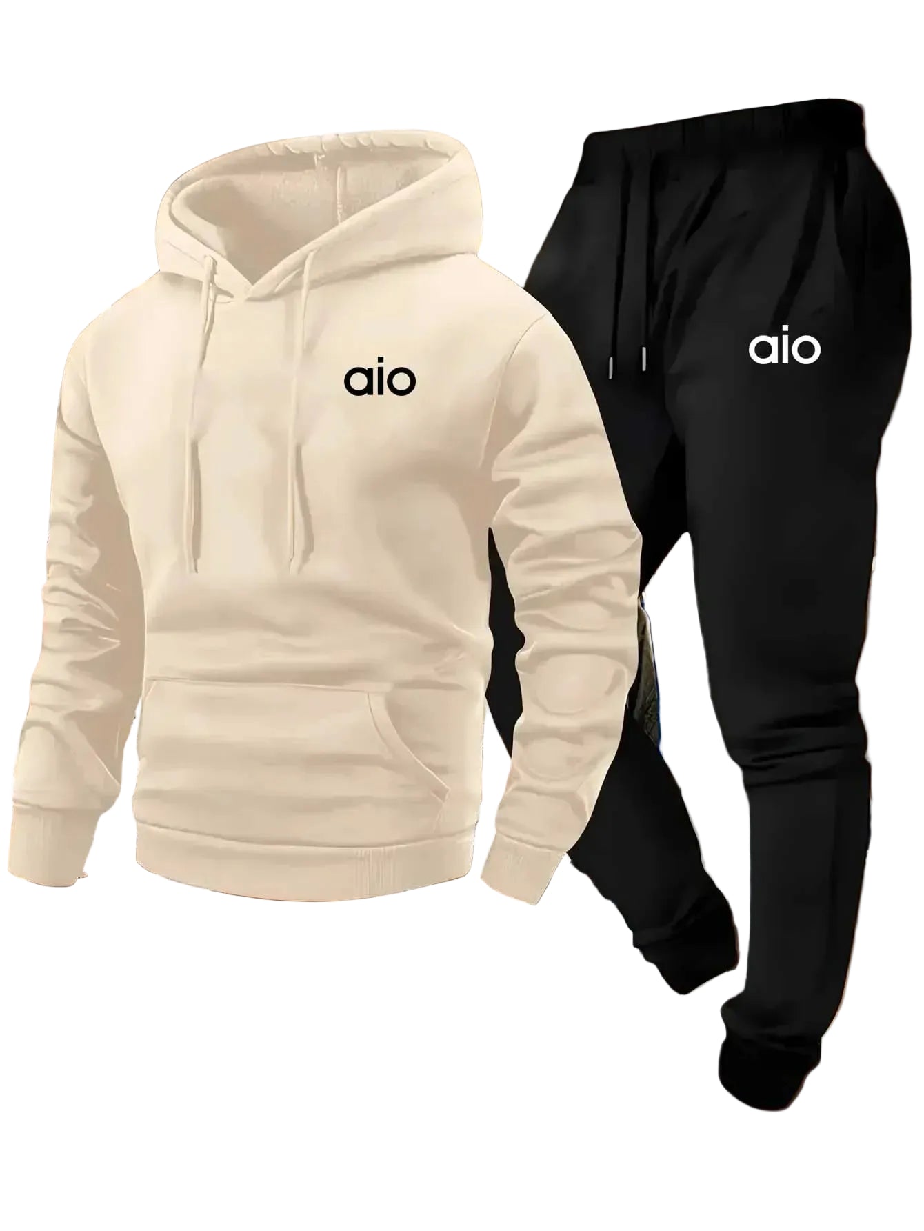 Beige hoodie and black pants with 'aio' logo on a white background