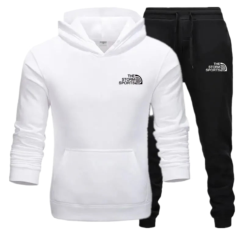 White hoodie and black pants with 'The Storm Sports' logo on a white background