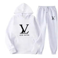 White hoodie and pants set with Louis Vuitton logo on a white background