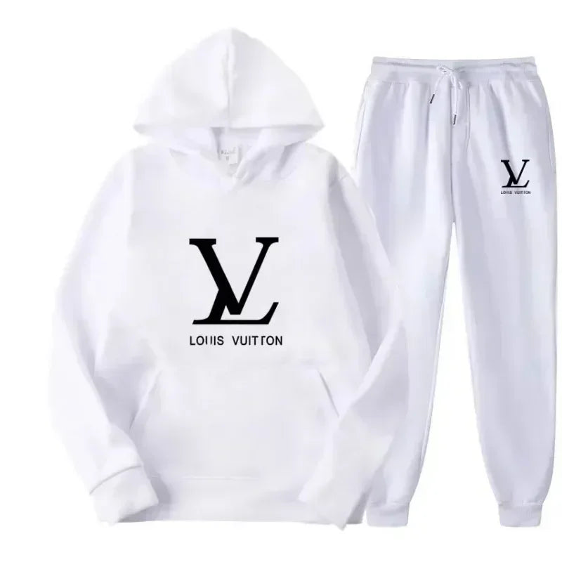 White hoodie and pants set with Louis Vuitton logo on a white background