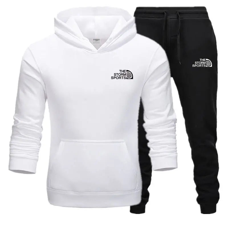 White hoodie and black pants set with 'The Storm Sports' logo on a white background