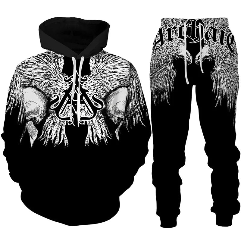 Black hoodie and pants set with intricate design on a white background