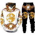 Hoodie and pants set with gold dragon design on a white background