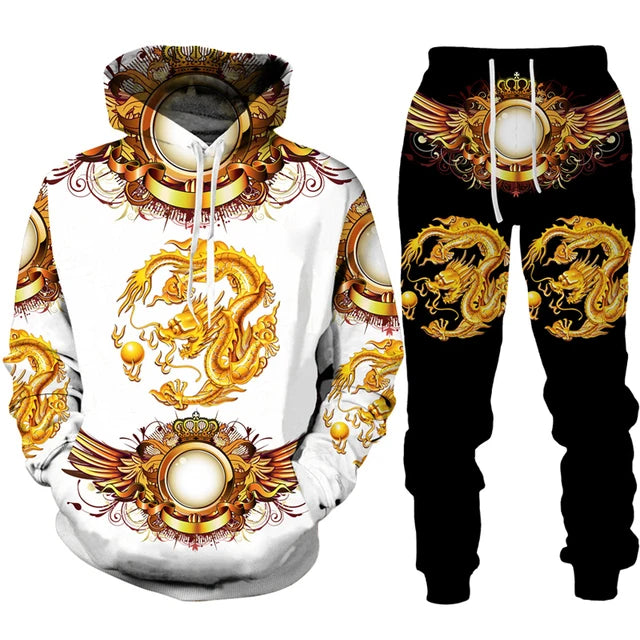 Hoodie and pants set with gold dragon design on a white background