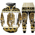 Hoodie and pants set with leopard design and gold patterns on a white background