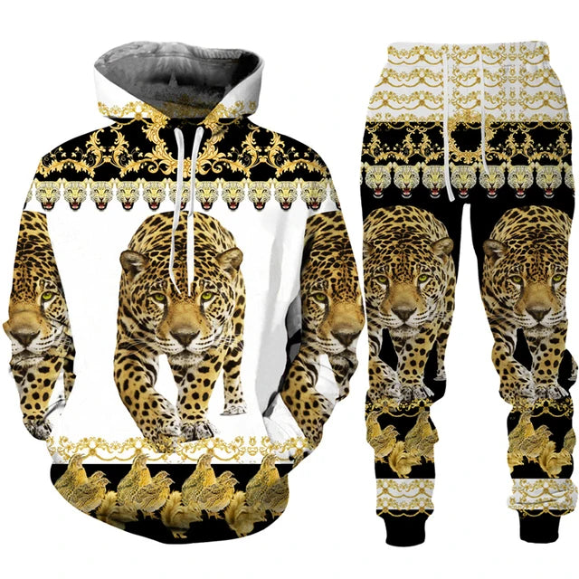 Hoodie and pants set with leopard design and gold patterns on a white background