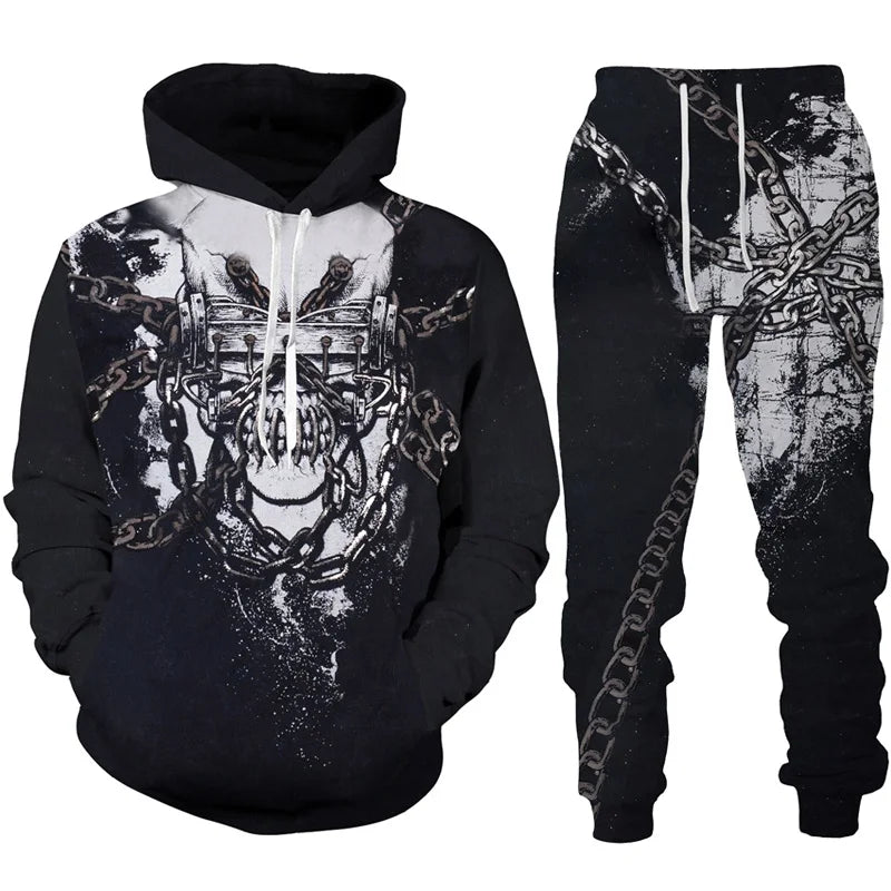 Black hoodie and pants set with chain design on a white background