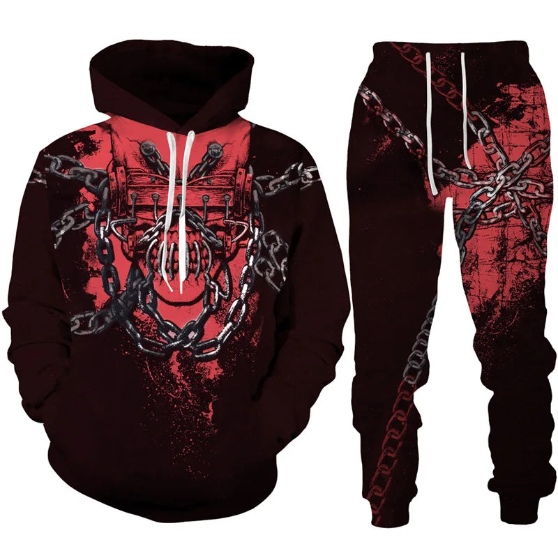 Black hoodie and pants set with white intricate designs on a white background
