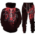 Black and red hoodie and pants set with chain design on a white background